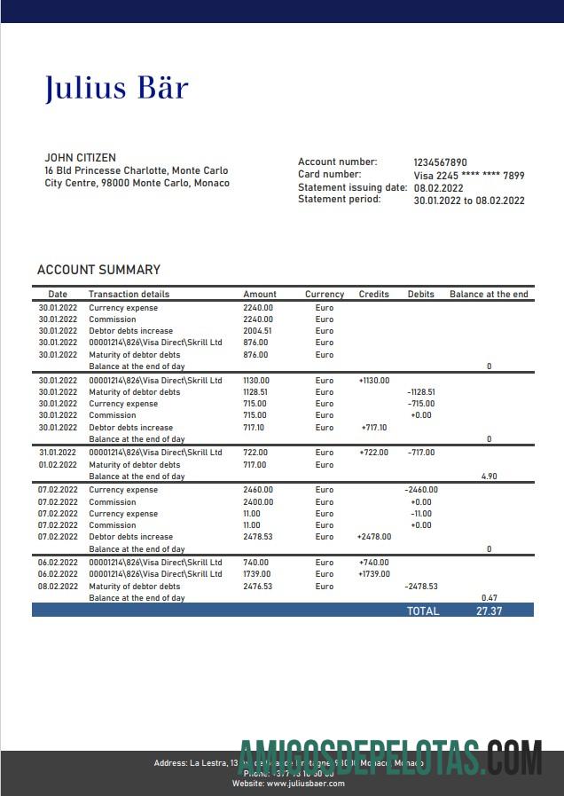 Monaco Julius Bar extrato bancário amostra